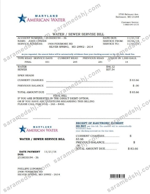 USA Maryland American water utility bill template in Word and PDF format